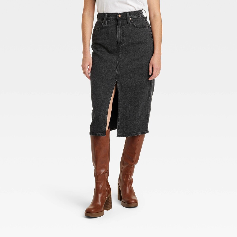 High-Rise Denim Midi Skirt - Black Denim - Size 0